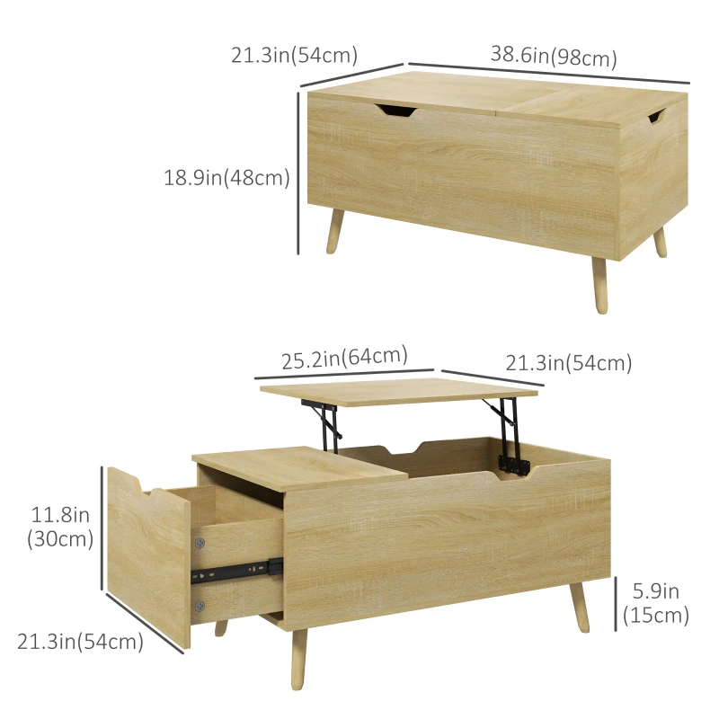 HOMCOM Coffee Table with Wood Legs, Lift Top Coffee Table with Drawer, Hidden Compartment, 38.6" x 21.3" x 18.9", Natural