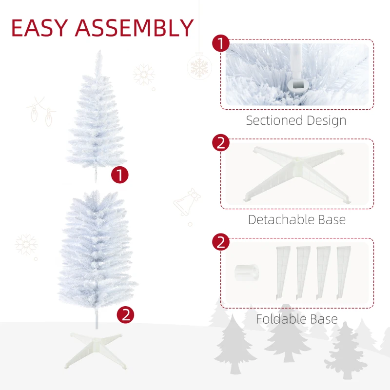 HOMCOM 5' Decorated Christmas Tree Snow Flocked Artificial Christmas Tree with Pencil Shape, Realistic Branches, White