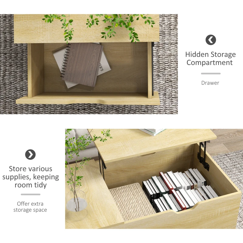 HOMCOM Coffee Table with Wood Legs, Lift Top Coffee Table with Drawer, Hidden Compartment, 38.6" x 21.3" x 18.9", Natural