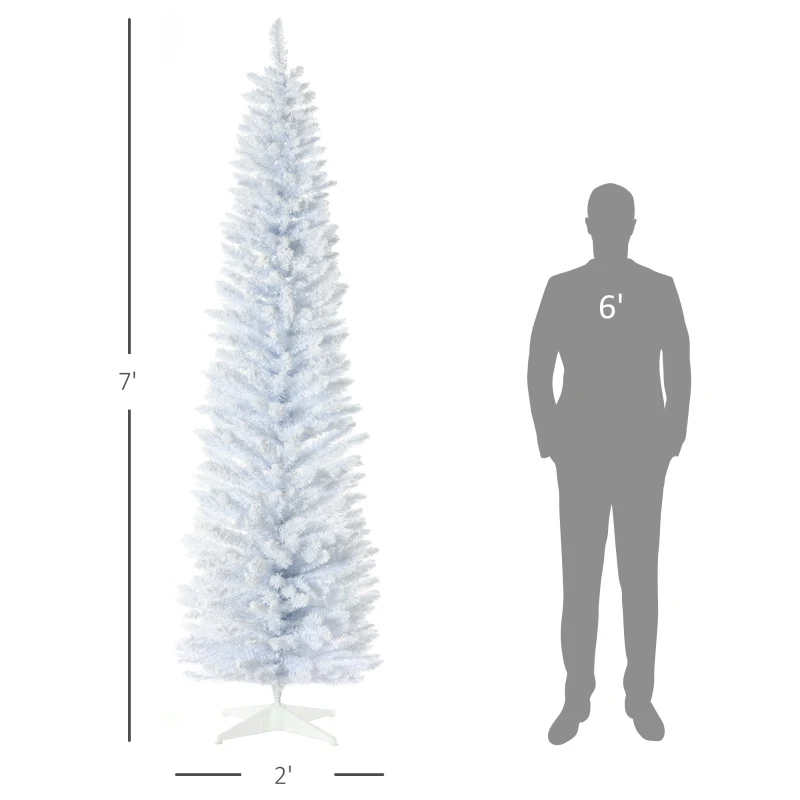 HOMCOM 7' Decorated Christmas Tree Snow Flocked Artificial Christmas Tree with Pencil Shape, Realistic Branches, White