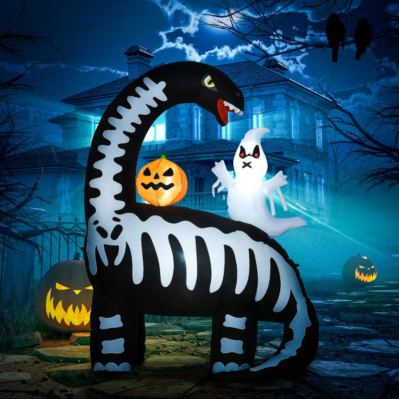 HOMCOM 6FT Halloween Inflatable Dinosaur with Ghost and Pumpkin LED Lights