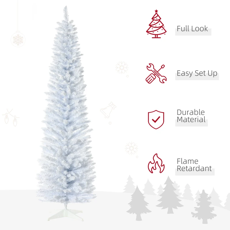HOMCOM 7' Decorated Christmas Tree Snow Flocked Artificial Christmas Tree with Pencil Shape, Realistic Branches, White
