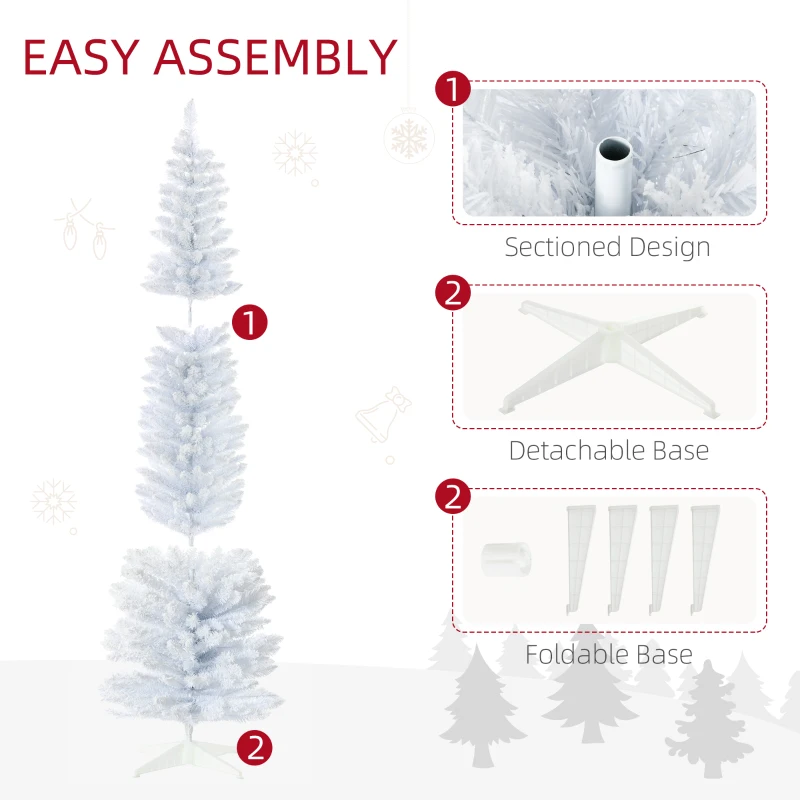 HOMCOM 7' Decorated Christmas Tree Snow Flocked Artificial Christmas Tree with Pencil Shape, Realistic Branches, White