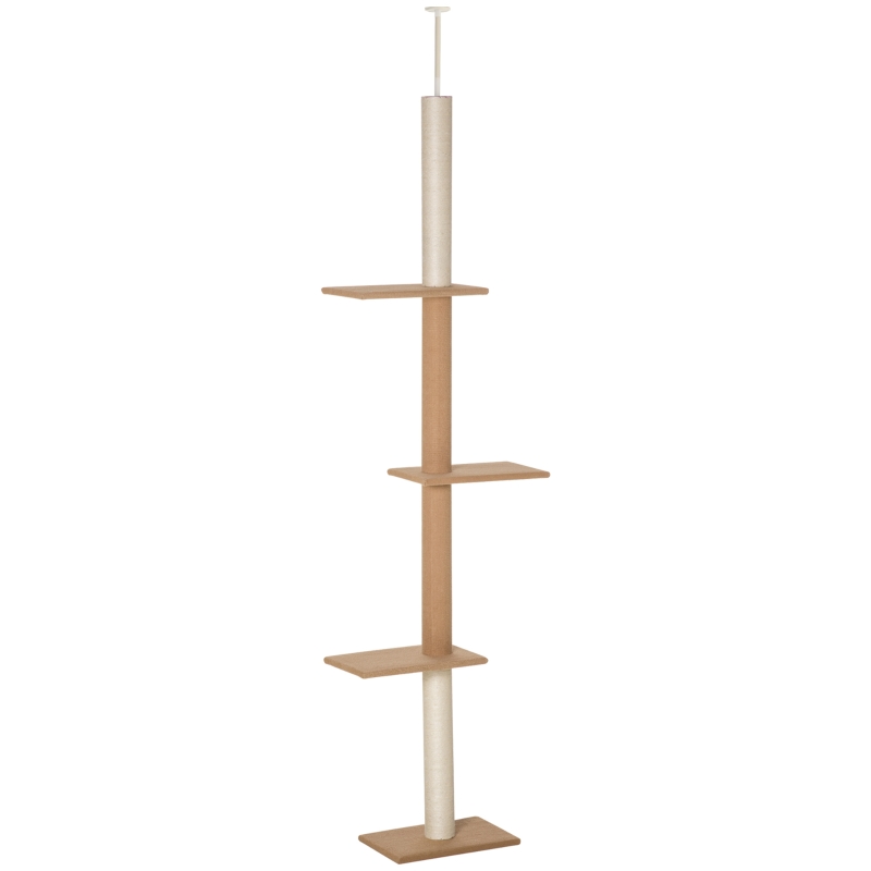 PawHut Floor to Ceiling Cat Tree Cat Climbing Tower with Sisal Covered Scratching Posts Natural Cat Tree Activity Center for kittens Cat tower furniture Light brown Aosom