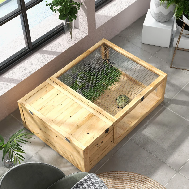 PawHut Wooden Tortoise House, Spacious Outdoor Turtle Habitat Enclosure, Secure Reptile Cage - Ideal for Garden & Patio Areas