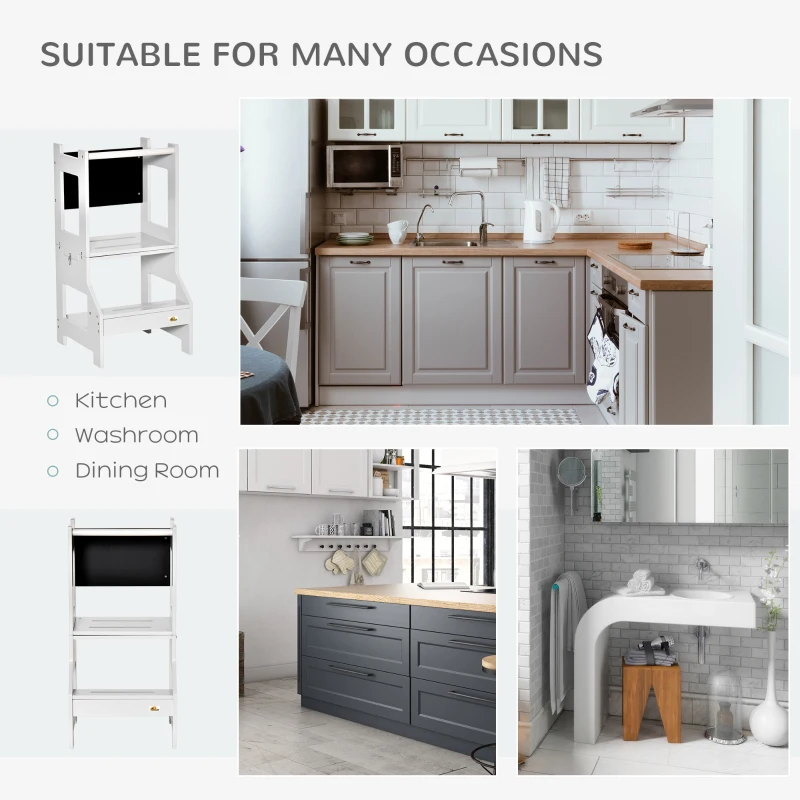 Qaba 2-in-1 Kids Kitchen Helper Step Stool, Detachable Toddler Table and Chair Set, Children Standing Tower for Kitchen Counter with Safety Rail Chalkboard, Grey