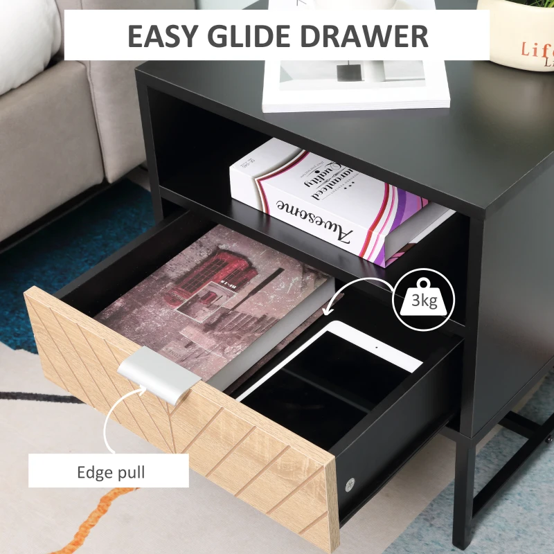 HOMCOM Modern Bedside Table with Drawer, Nightstand with Storage Shelf, Sofa End Table for Bedroom, Black and Oak