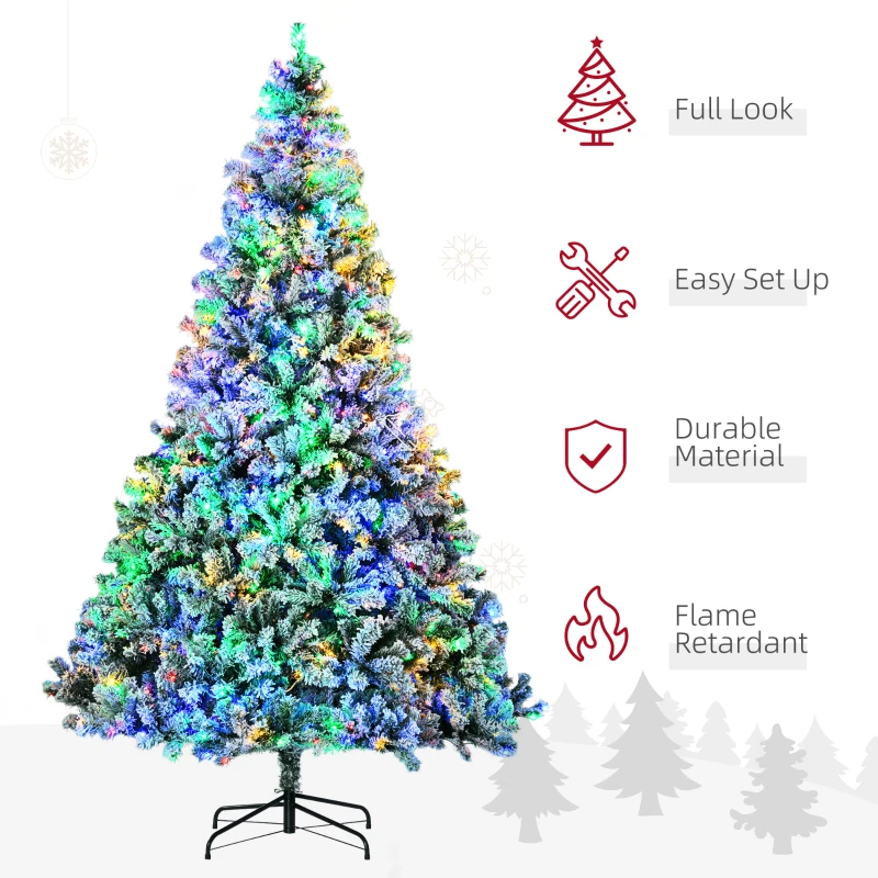 HOMCOM 9' Artificial Snow Christmas Trees with Frosted Branches, Warm White or Colorful LED Lights, Steel Base