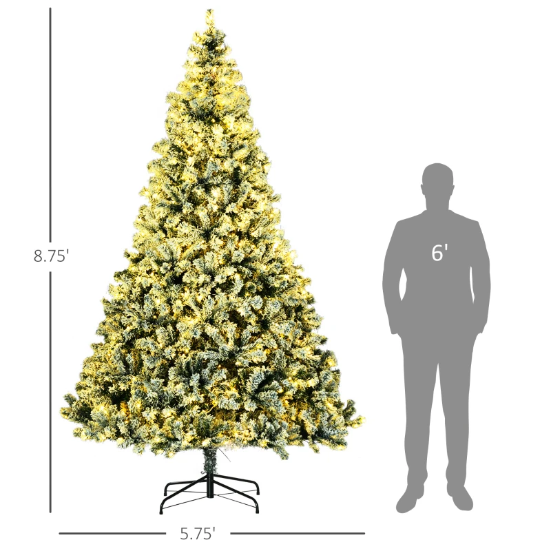 HOMCOM 9' Artificial Snow Christmas Trees with Frosted Branches, Warm White or Colorful LED Lights, Steel Base