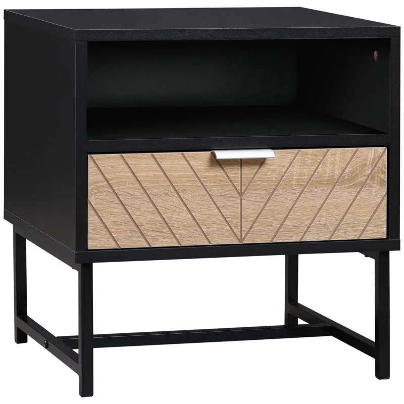 HOMCOM Modern Bedside Table with Drawer, Nightstand with Storage Shelf, Sofa End Table for Bedroom, Black and Oak