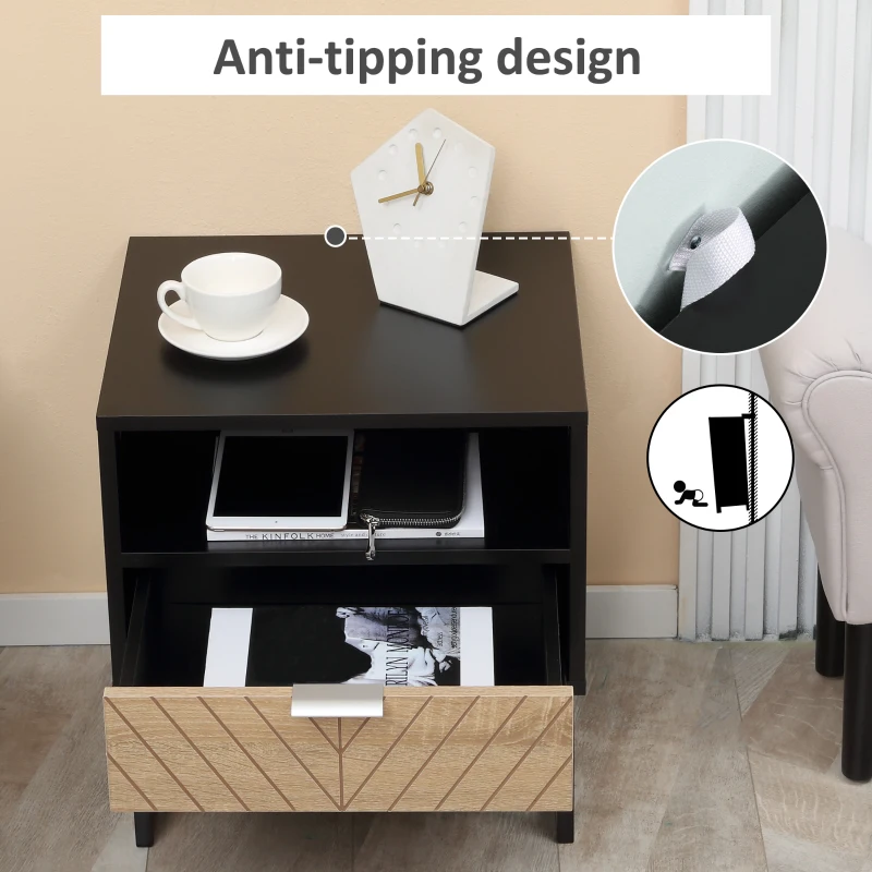 HOMCOM Modern Bedside Table with Drawer, Nightstand with Storage Shelf, Sofa End Table for Bedroom, Black and Oak