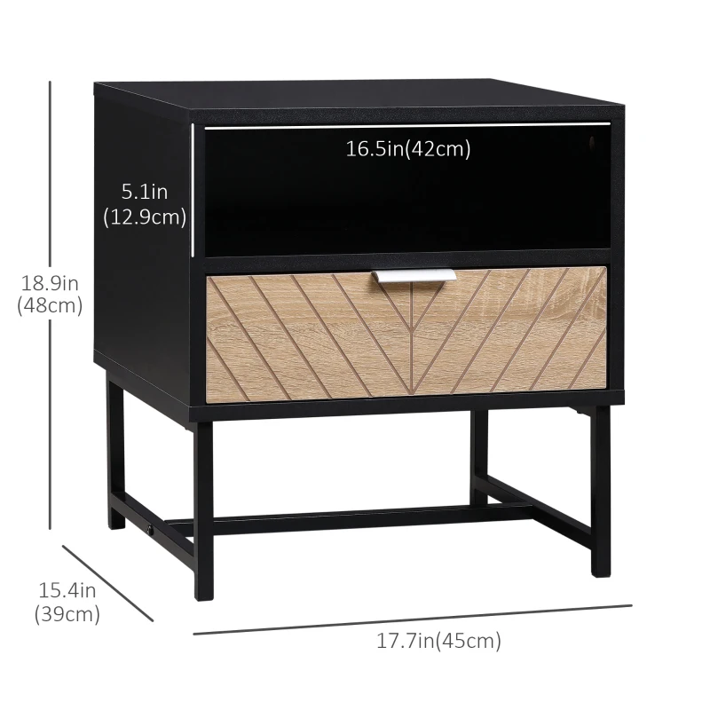HOMCOM Modern Bedside Table with Drawer, Nightstand with Storage Shelf, Sofa End Table for Bedroom, Black and Oak