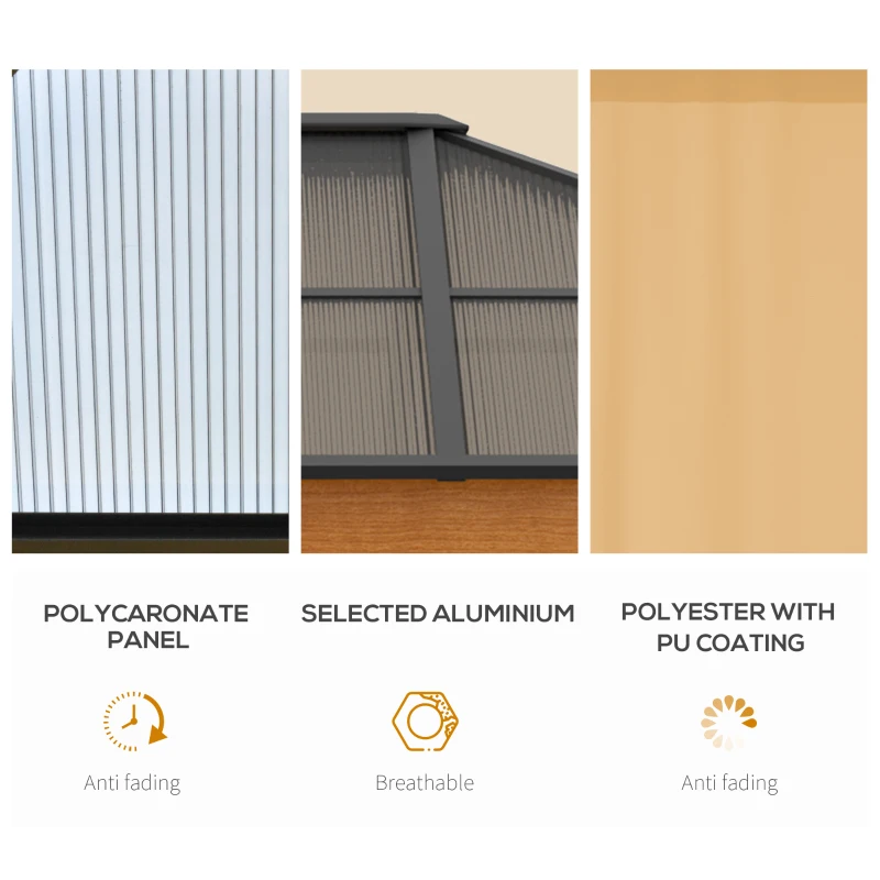 Outsunny 10' x 12' Hardtop Polycarbonate Gazebo Canopy Aluminum Frame Pergola w/ Netting and Sidewalls for Garden, Patio, Khaki