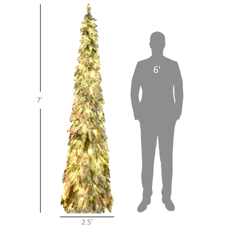 HOMCOM 7' Artificial Slim Christmas Trees, with Snow Frosted Branches, Warm White or Colorful LED Lights, Downswept Shape