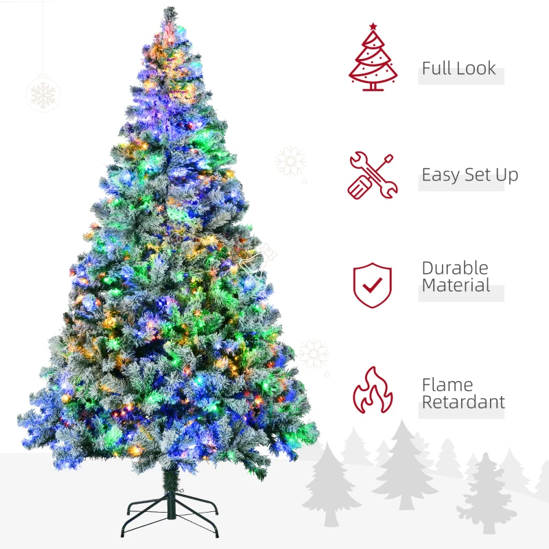 HOMCOM 7.5' Artificial Snow Christmas Trees with Frosted Branches, Warm White or Colorful LED Lights, Steel Base