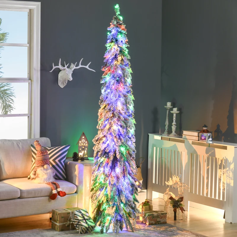 HOMCOM 7' Artificial Slim Christmas Trees, with Snow Frosted Branches, Warm White or Colorful LED Lights, Downswept Shape