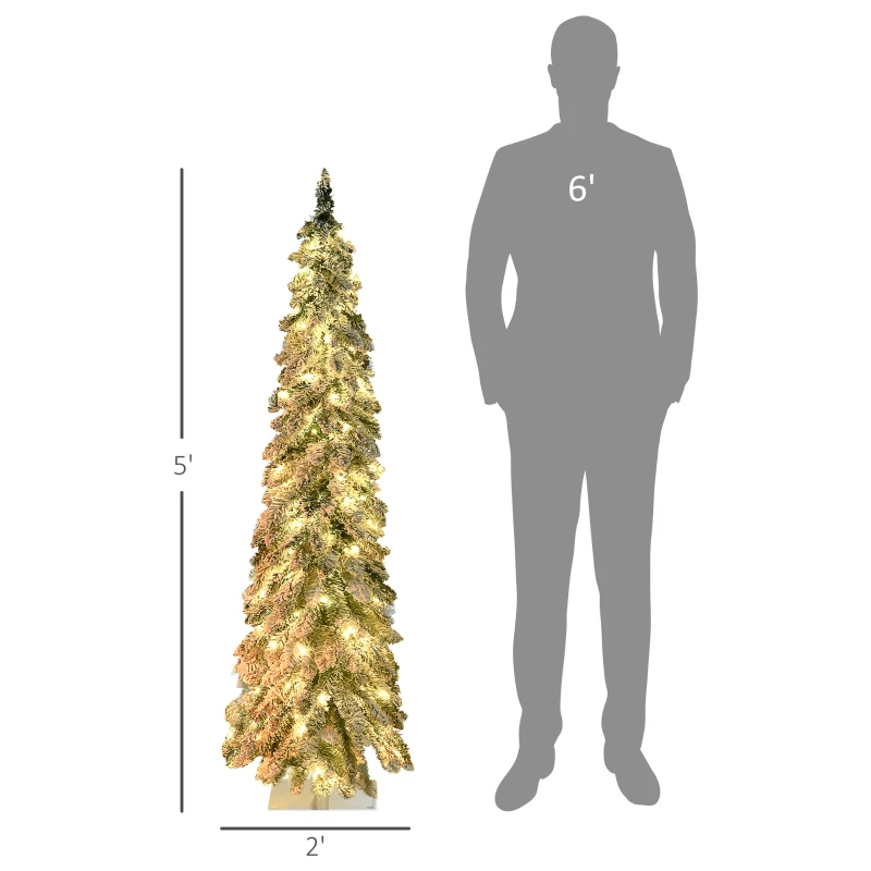HOMCOM 5' Artificial Slim Christmas Trees, with Snow Frosted Branches, Warm White or Colorful LED Lights, Downswept Shape