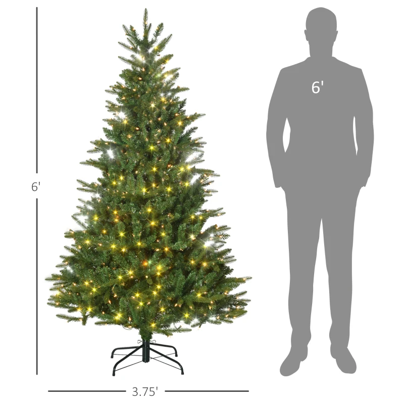 HOMCOM 6' Pre Lit Artificial Flocked Christmas Trees, with Warm Yellow Clear Lights, Auto Open, Wide Shape, Extra Bulb