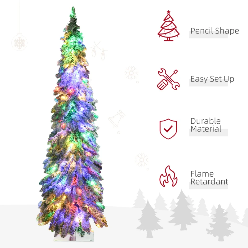 HOMCOM 5' Artificial Slim Christmas Trees, with Snow Frosted Branches, Warm White or Colorful LED Lights, Downswept Shape