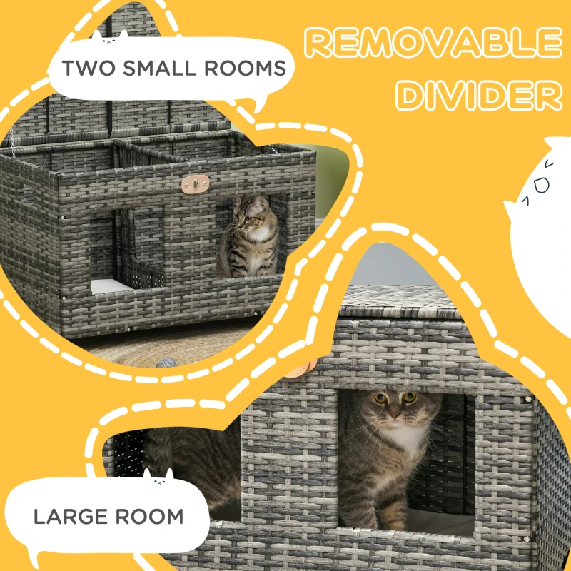 PawHut Rattan Cat Bed with Removable Divider, Double-Room Wicker Cat Bed for Indoor Cats, Pet Furniture for 2 Cats, Cushions, Outdoor Indoor Use, Gray