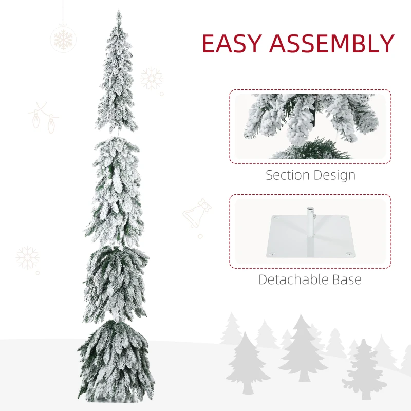 HOMCOM 7' Artificial Slim Christmas Trees, with Snow Frosted Branches, Warm White or Colorful LED Lights, Downswept Shape