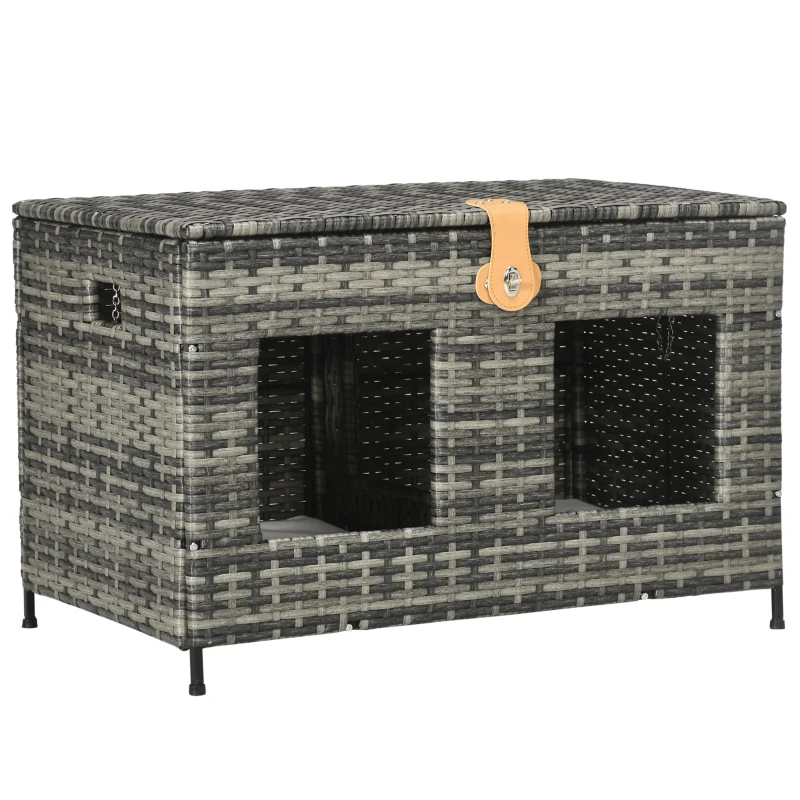 PawHut Rattan Cat Bed with Removable Divider, Double-Room Wicker Cat Bed for Indoor Cats, Pet Furniture for 2 Cats, Cushions, Outdoor Indoor Use, Gray