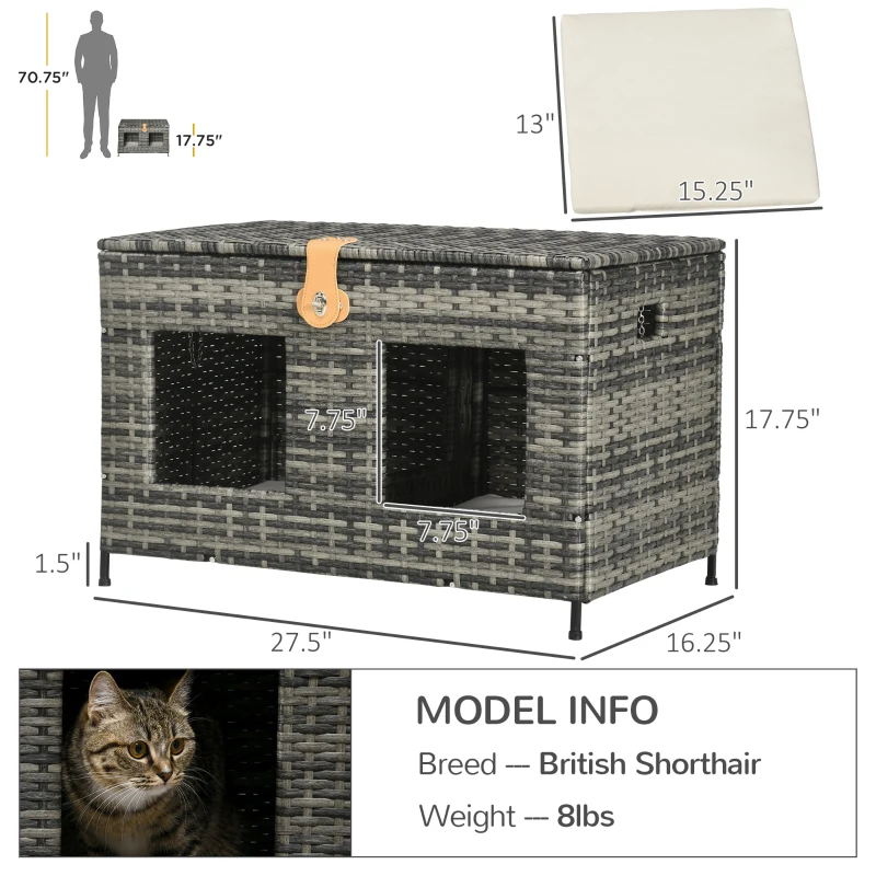 PawHut Rattan Cat Bed with Removable Divider, Double-Room Wicker Cat Bed for Indoor Cats, Pet Furniture for 2 Cats, Cushions, Outdoor Indoor Use, Gray