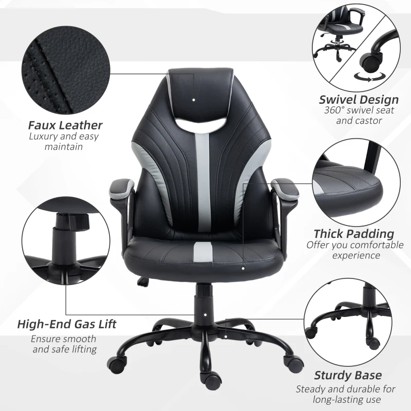 Vinsetto PU Leather Home Office Chair Racing Gaming Chair with Swivel Wheels Adjustable Height Padded Armrest Gray