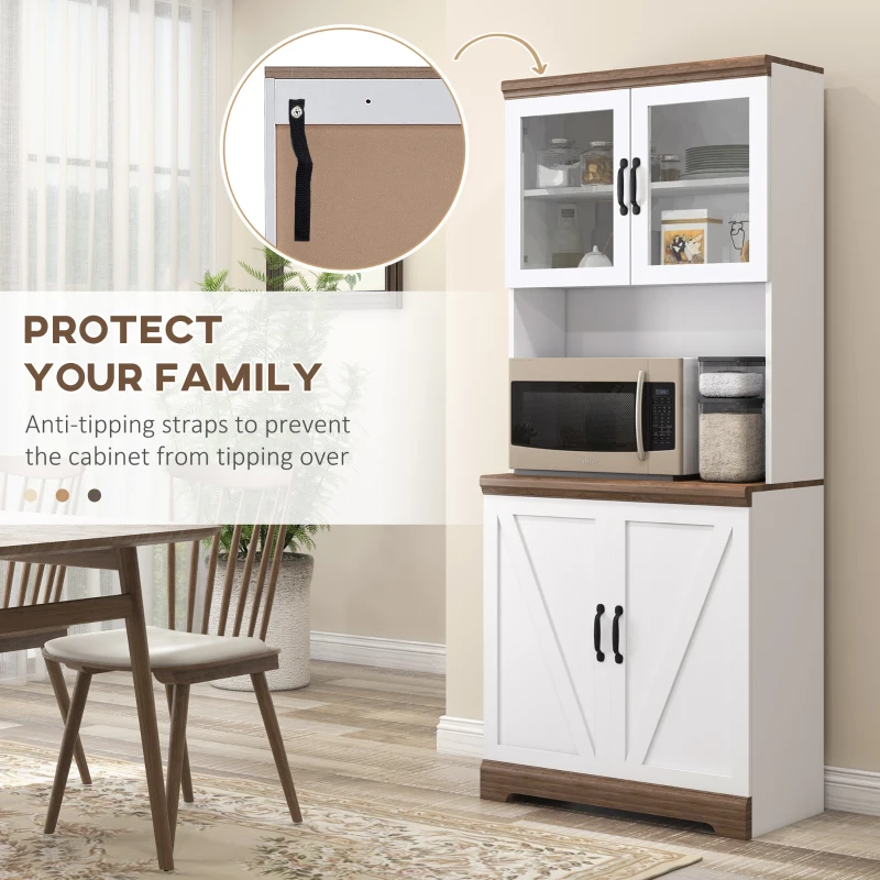 HOMCOM 70" Farmhouse Kitchen Buffet with Hutch, Kitchen Pantry Storage Cabinet with Glass Doors, Adjustable Shelves, Open Microwave Countertop, White