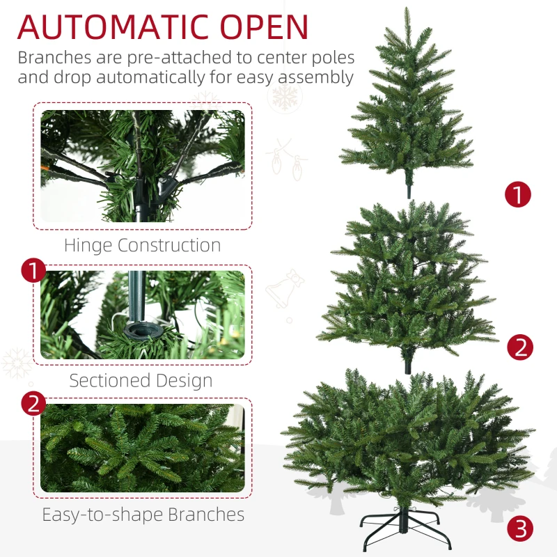 HOMCOM 6' Pre Lit Artificial Flocked Christmas Trees, with Warm Yellow Clear Lights, Auto Open, Wide Shape, Extra Bulb