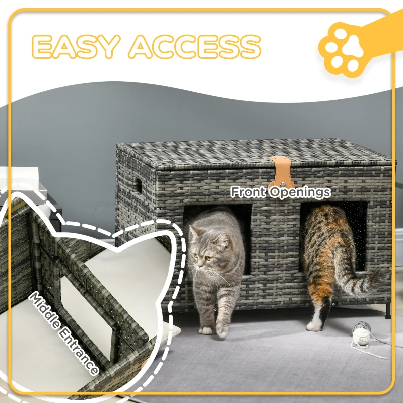 PawHut Rattan Cat Bed with Removable Divider, Double-Room Wicker Cat Bed for Indoor Cats, Pet Furniture for 2 Cats, Cushions, Outdoor Indoor Use, Gray