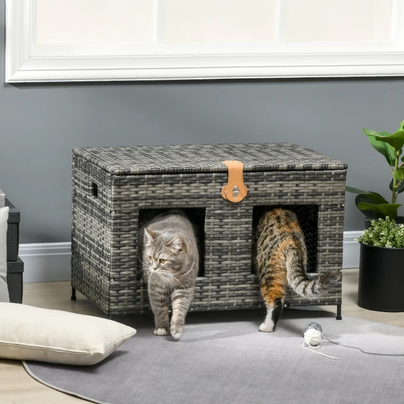 PawHut Rattan Cat Bed with Removable Divider, Double-Room Wicker Cat Bed for Indoor Cats, Pet Furniture for 2 Cats, Cushions, Outdoor Indoor Use, Gray
