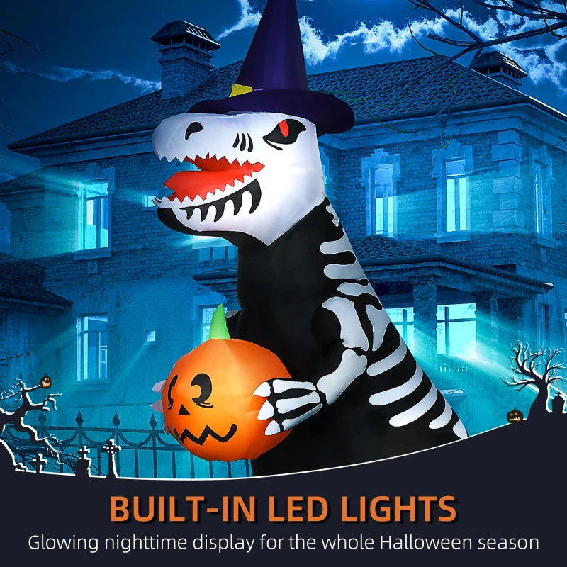 HOMCOM 8' Inflatable Halloween Skeleton Dinosaur with Pumpkin, Blow Up Outdoor LED Yard Display, Waterproof