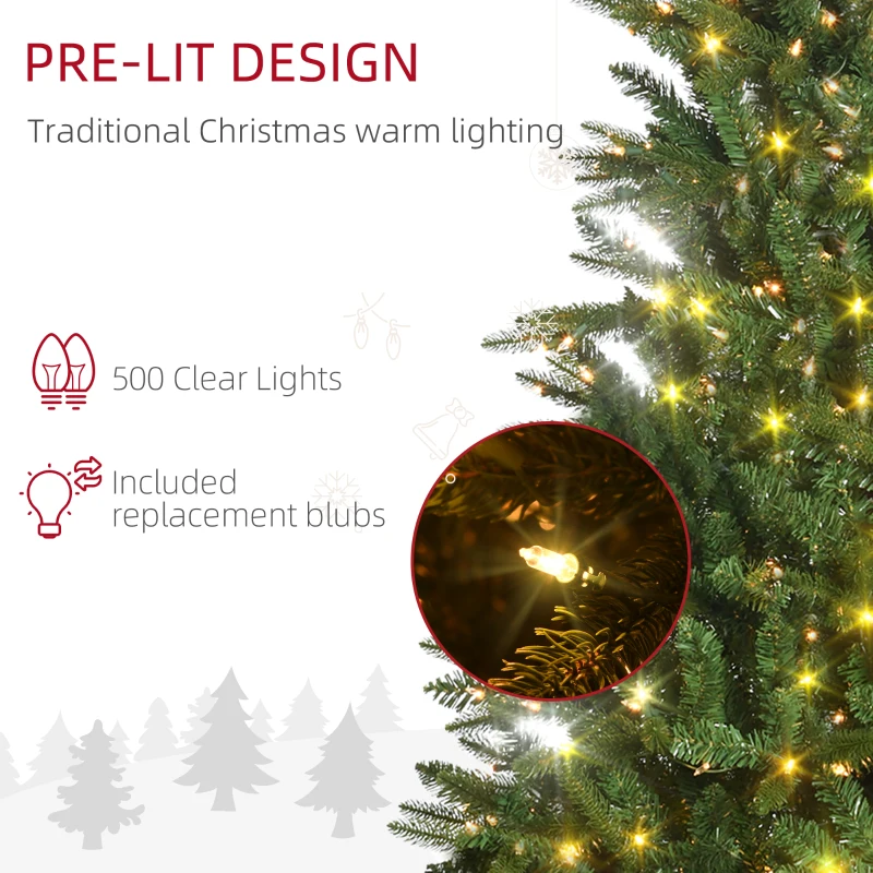 HOMCOM 6' Pre Lit Artificial Flocked Christmas Trees, with Warm Yellow Clear Lights, Auto Open, Wide Shape, Extra Bulb