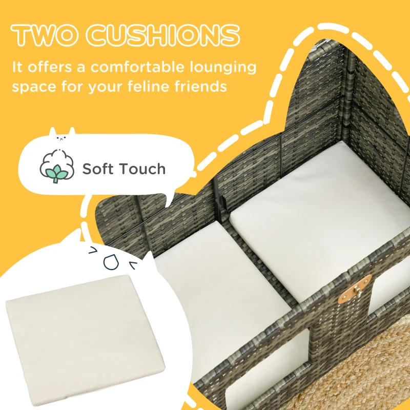 PawHut Rattan Cat Bed with Removable Divider, Double-Room Wicker Cat Bed for Indoor Cats, Pet Furniture for 2 Cats, Cushions, Outdoor Indoor Use, Gray