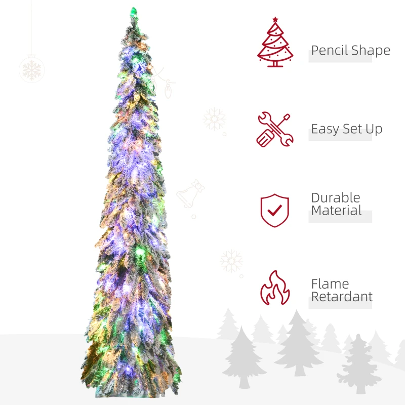 HOMCOM 7' Artificial Slim Christmas Trees, with Snow Frosted Branches, Warm White or Colorful LED Lights, Downswept Shape