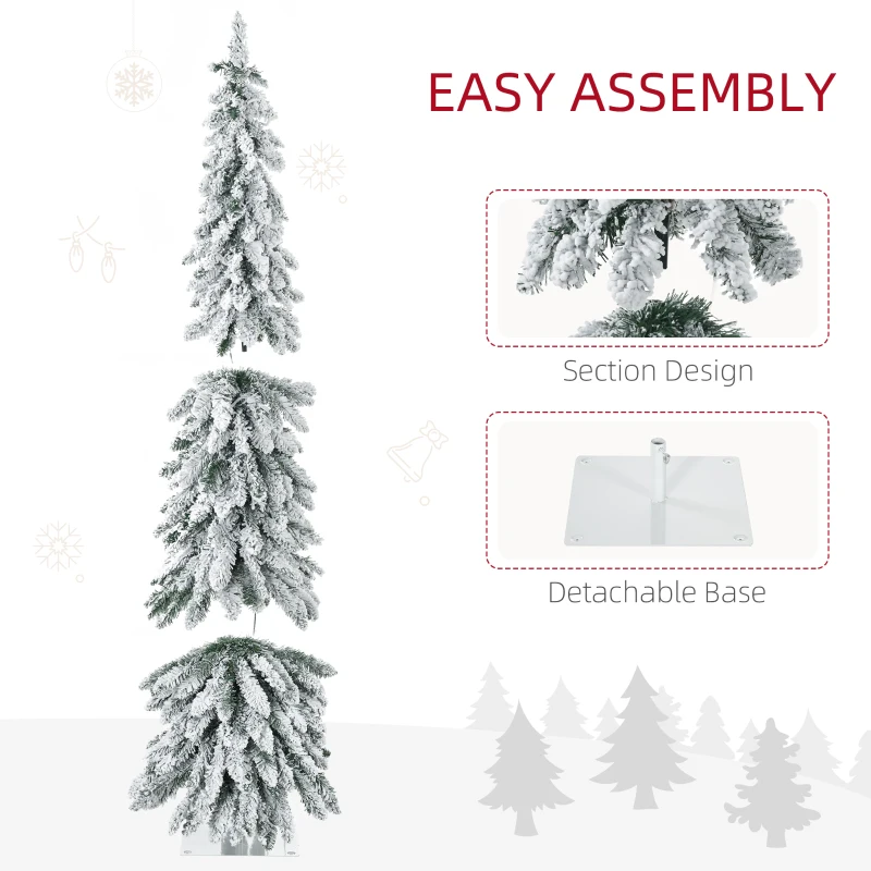 HOMCOM 5' Artificial Slim Christmas Trees, with Snow Frosted Branches, Warm White or Colorful LED Lights, Downswept Shape