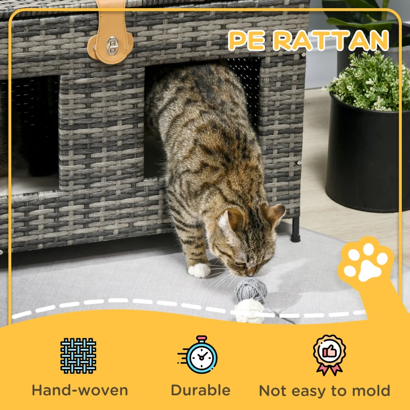 PawHut Rattan Cat Bed with Removable Divider, Double-Room Wicker Cat Bed for Indoor Cats, Pet Furniture for 2 Cats, Cushions, Outdoor Indoor Use, Gray