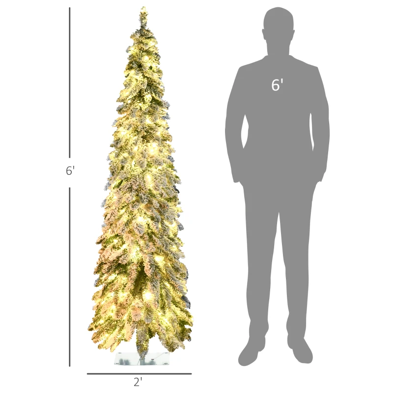 HOMCOM 6' Artificial Slim Christmas Trees, with Snow Frosted Branches, Warm White or Colorful LED Lights, Downswept Shape