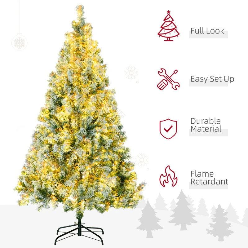 HOMCOM 6' Artificial Snow Christmas Trees with Frosted Branches, Warm White or Colorful LED Lights, Steel Base