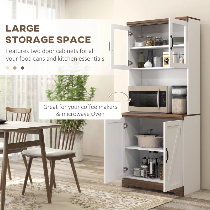 HOMCOM 70" Farmhouse Kitchen Buffet with Hutch, Kitchen Pantry Storage Cabinet with Glass Doors, Adjustable Shelves, Open Microwave Countertop, White