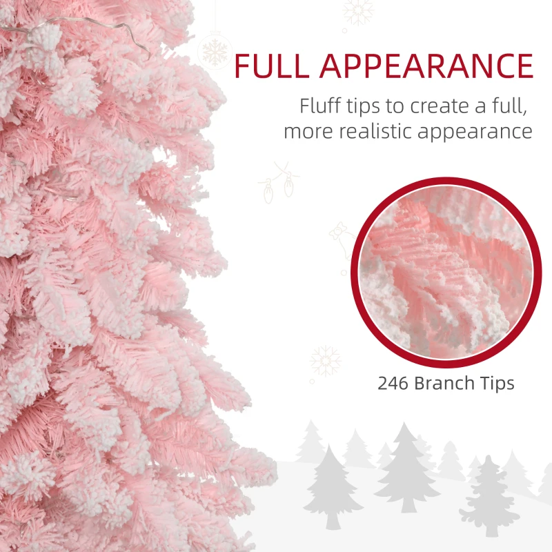 HOMCOM 6' Flocked Christmas Trees, Pencil Prelit Artificial Christmas Tree with Snow Downswept Branches, Pink