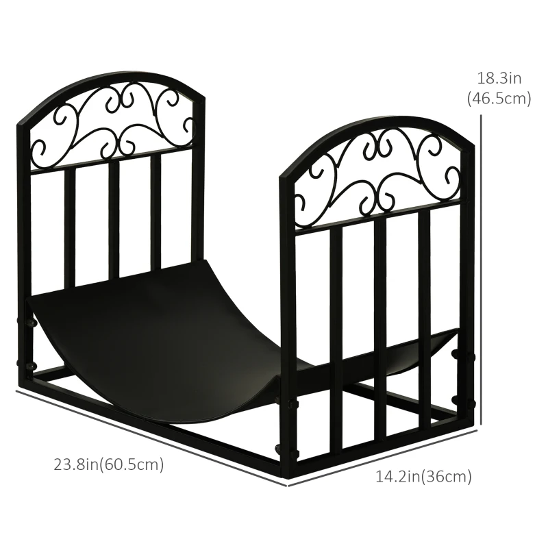 Outsunny 23.8" Firewood Log Rack, Curved Fireplace Log Holder, Wood Storage Rack with Side Scrolls, for Outdoor and Indoor Use, Black