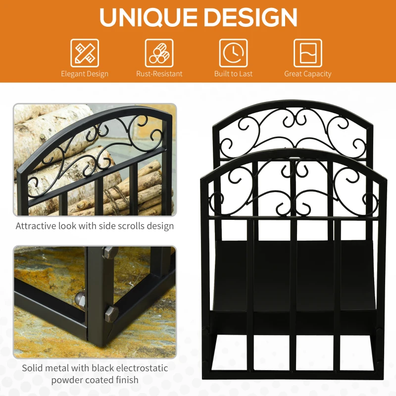 Outsunny 23.8" Firewood Log Rack, Curved Fireplace Log Holder, Wood Storage Rack with Side Scrolls, for Outdoor and Indoor Use, Black