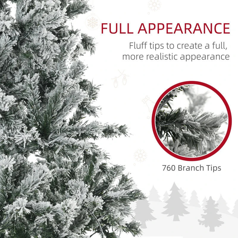 HOMCOM 6' Prelit Artificial Flocked Christmas Trees, with Snow Frosted Branches, Cold White LED Lights, Auto Open