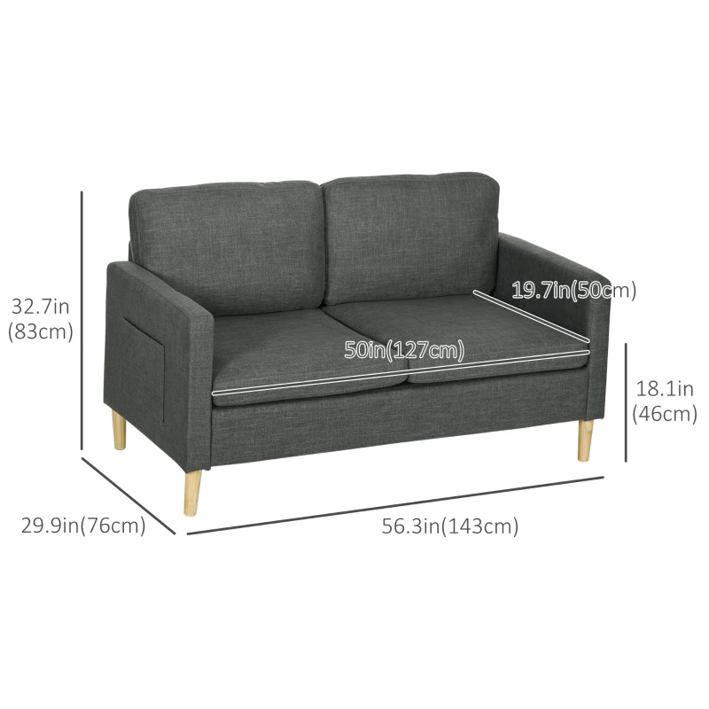 HOMCOM 56" 2 Seat Sofa, Modern Love Seats Furniture, Upholstered 2 Seater Couch with Side Pockets, Solid Steel Frame, Grey