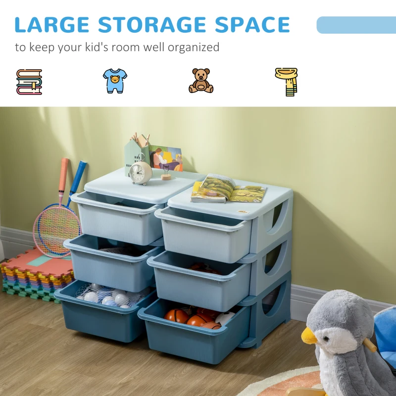 Qaba 3 Tier Kids Storage Unit, 6 Drawer Chest Toy Organizer Plastic Bins for Kids Bedroom Nursery Kindergarten Living Room for Boys Girls Toddlers, Blue
