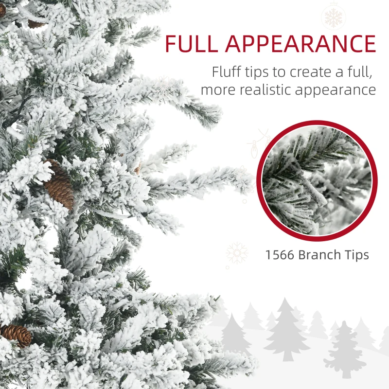 HOMCOM 7.5' Pre Lit Artificial Flocked Christmas Trees, with Snow Branches, Warm White LED Lights, Auto Open, Pine Cones