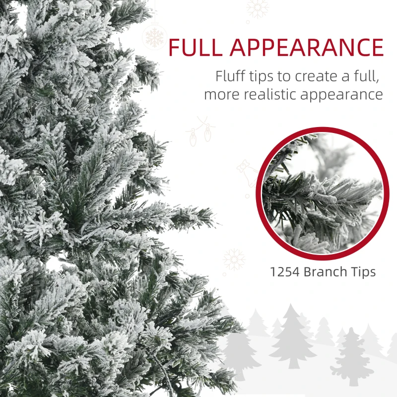 HOMCOM 7.5' Prelit Artificial Flocked Christmas Trees, with Snow Frosted Branches, Cold White LED Lights, Auto Open