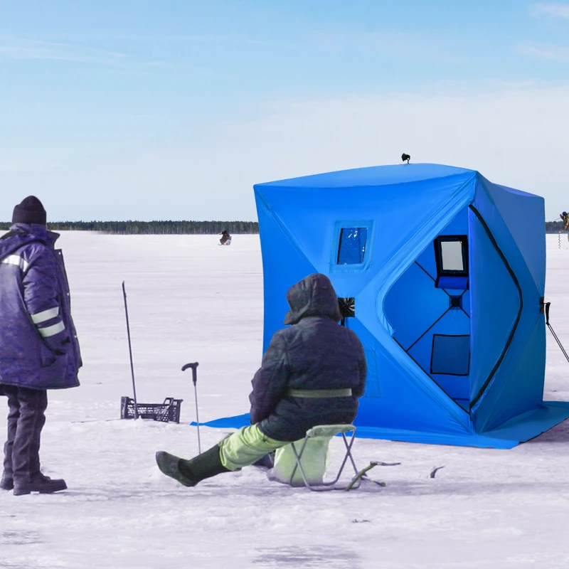 Outsunny 2 Person Ice Fishing Shelter, Pop-Up Portable Ice Fishing Tent with Carry Bag, Windows and Anchors for Low-Temp -22℉, Blue
